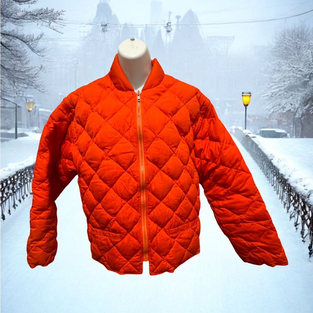 J. Crew Men's Bright Orange Quilted Down Puffer Jacket Size M Removable Sleeves